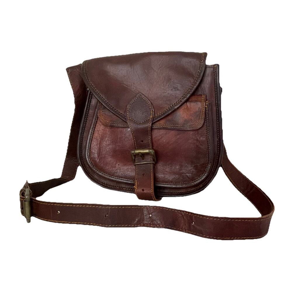 Vintage Brown Leather Messenger Crossbody Saddle Bag Front Flap Hippie 70s Boho